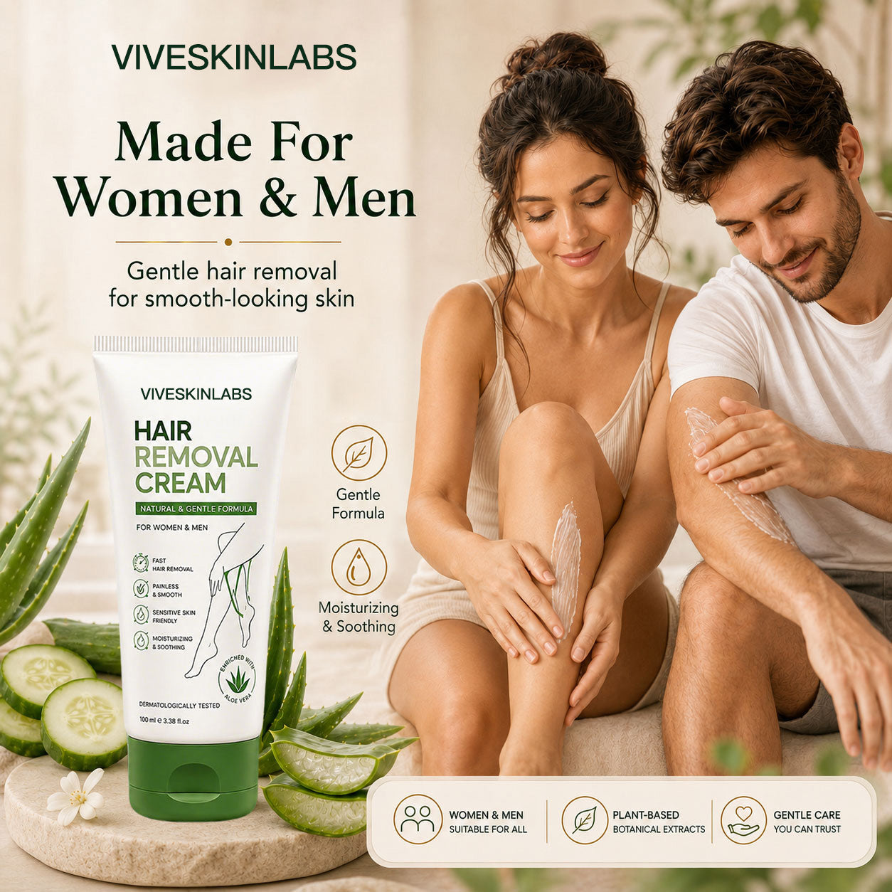 Viveskinlabs Natural Gentle Hair Removal Cream | For Women & Men, Sensitive Skin