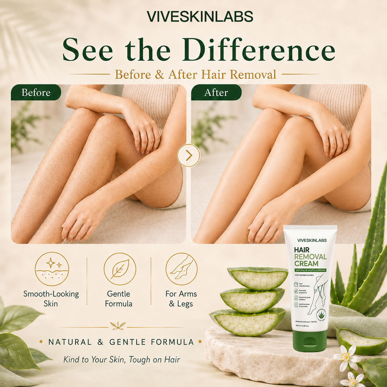 Viveskinlabs Natural Gentle Hair Removal Cream | For Women & Men, Sensitive Skin