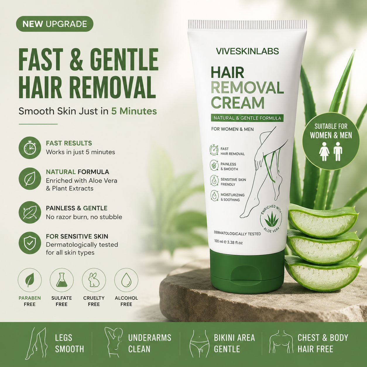 Viveskinlabs Natural Gentle Hair Removal Cream | For Women & Men, Sensitive Skin